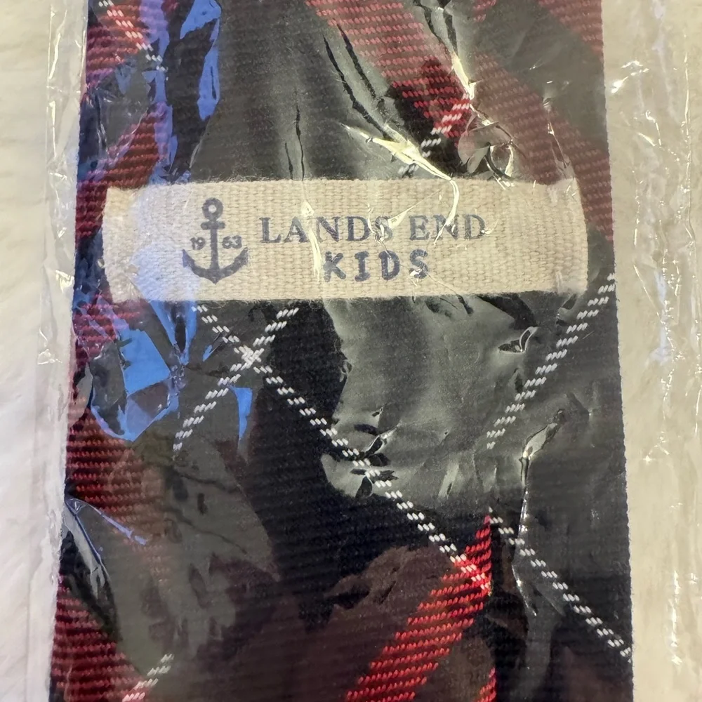 Kids red and navy plaids tie from Land’s End. New and still in packaging